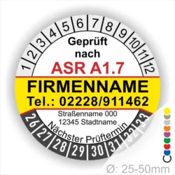 Individuelle ASR A1.7 Prüfplakette mit Firmenname, Telefonnummer und Adresse, Mehrjahres-Prüfaufkleber für Tore und Türen mit Monats- und Jahresring, Durchmesser 25–50 mm