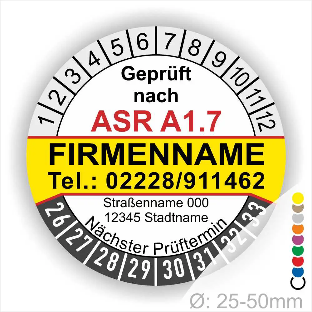 ASR-Prüfplaketten-Individuell-Werbeaufdruck-Prüfung-Tore-Sektionaltore-Rolltore-Startjahr-26-Farbe-gelb Individuelle ASR A1.7 Prüfplakette mit Firmenname, Telefonnummer und Adresse, Mehrjahres-Prüfaufkleber für Tore und Türen mit Monats- und Jahresring, Durchmesser 25–50 mm