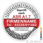 Sicherheitsprüfsiegel nach ASR A1.7 mit Kontaktdaten und nächsten Prüftermin. Design in rot und weiß, mit Platz für Firmenname und Adresse. Durchmesser von 25-50 mm.