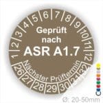 Runder Prüfaufkleber, geprüft nach ASR A1.7, mit Angaben zum nächsten Prüftermin und einem Durchmesser von 20-50 mm.