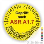 ASR A1.7 Prüfplakette gelb mit Monatsring und Jahresring, Mehrjahres-Prüfaufkleber für Tore und Türen, Startjahr 2026, Durchmesser 20–50 mm