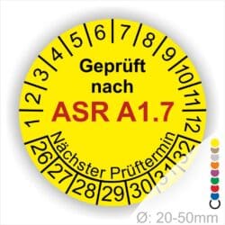 ASR A1.7 Prüfplakette gelb mit Monatsring und Jahresring, Mehrjahres-Prüfaufkleber für Tore und Türen, Startjahr 2026, Durchmesser 20–50 mm
