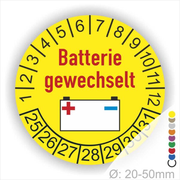 Prüfaufkleber, Prüfplakette rund, Farbe- Gelb, Text "Batterie gewechselt" in Rot. Icon Batterie, Startjahr- 25, Monatszahlen Oben und Jahreszahlen Unten in Kreisform.