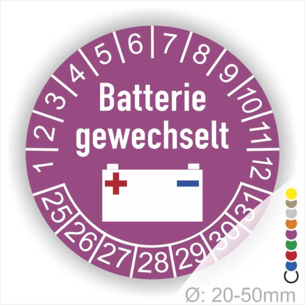 Prüfaufkleber, Prüfplakette rund, Farbe- Lila, Text "Batterie gewechselt" in Weiss. Icon Batterie, Startjahr- 25, Monatszahlen Oben und Jahreszahlen Unten in Kreisform.