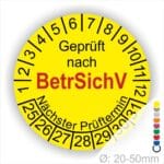 Prüfplaketten geprüft nach BetrsichV Betriebssicherheitsverordnung, Startjahr- 25, Farbe- Gelb
