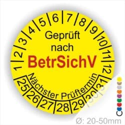 Prüfplaketten geprüft nach BetrsichV Betriebssicherheitsverordnung, Startjahr- 25, Farbe- Gelb