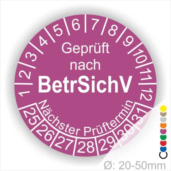 Prüfplaketten geprüft nach "BetrsichV" Betriebssicherheitsverordnung, Startjahr- 25, Farbe- Lila