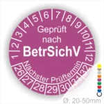 Prüfsiegel für Geräte gemäß BetrSichV mit nächstem Prüftermin, Durchmesser 20-50 mm.