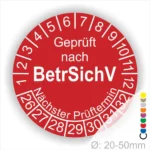 Prüfplakette für die Sicherheitsüberprüfung nach BetrSichV, rot mit Zahlen von 1 bis 12, zeigt den nächsten Prüftermin und ist für Durchmesser von 20-50 mm geeignet.