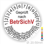 Prüfsiegel für Geräte gemäß BetrSichV mit dem nächsten Prüftermin, Durchmesser 20-50 mm.