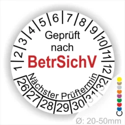 Prüfsiegel für Geräte gemäß BetrSichV mit dem nächsten Prüftermin, Durchmesser 20-50 mm.