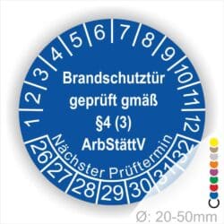 Prüfplakette Brandschutztür geprüft gemäß §4 (3) ArbStättV. Startjahr- 24, Farbe- Blau