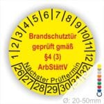 Prüfplakette Brandschutztür geprüft gemäß §4 (3) ArbStättV. Startjahr- 26, Farbe- Gelb