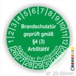Prüfplakette Brandschutztür geprüft gemäß §4 (3) ArbStättV. Startjahr- 26, Farbe- Grün