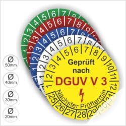 Prüfplakette rund in verschidenen Farben mit Text geprüft nach DGUV V 3 danach Elektropfeil in Rot und Text Nächster Prüftermin. Plaketten Farbe- Gelb und Text in Schwarz ausser DGUV in Rot. Monatszahlen oben und Jahreszahlen unten beginnend mit Startjahr- 25 Durchmesser 20-50mm frei wählbar.