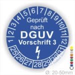 Prüfplakette rund mit Text geprüft nach Dguv Vorschrift 3 danach Elektropfeil in weiß. Plaketten Farbe- blau und Text in weiß. Monastzahlen oben und Jahreszahlen unten beginnend mit Startjahr- 25