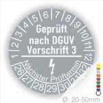 Sicherheitsprüfsiegel nach DGUV Vorschrift 3, mit Prüfintervall und nächstem Prüftermin, für Geräte mit einem Durchmesser von 20-50 mm.