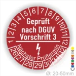 Runder Prüfaufkleber für elektrische Geräte, geprüft nach DGUV Vorschrift 3, mit Angaben zum nächsten Prüftermin und Durchmesser von 20-50 mm.
