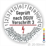Prüfsiegel nach DGUV Vorschrift 3 für elektrische Geräte mit nächstem Prüftermin und Durchmesserangabe von 20-50 mm.