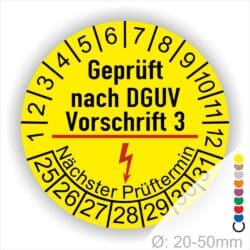Prüfplakette rund mit Text geprüft nach Dguv Vorschrift 3 mit trennstrich in rot danach Elektropfeil in rot. Plaketten Farbe- gelb und Text in schwarz. Monastzahlen oben und Jahreszahlen unten beginnend mit Startjahr- 25.