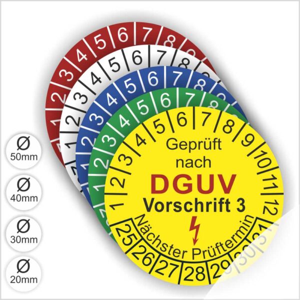 Prüfplakette rund mit Text geprüft nach DGUV Vorschrift 3 danach Elektropfeil in rot und Text Nächster Prüftermin. Plaketten Farbe- gelb und Text in schwarz ausser DGUV in rot. Monastzahlen oben und Jahreszahlen unten beginnend mit Startjahr- 25