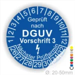 Prüfsiegel nach DGUV Vorschrift 3, blau, mit Angaben zum nächsten Prüftermin und Durchmesser von 20-50 mm. Ideal für die Kennzeichnung von geprüften elektrischen Geräten.