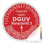 Runder Prüfaufkleber mit der Aufschrift "Geprüft nach DGUV Vorschrift 3". Der Aufkleber zeigt Prüfnummern von 1 bis 12 sowie den nächsten Prüftermin und hat einen Durchmesser von 20-50 mm.