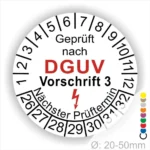 Prüfziffernblatt nach DGUV Vorschrift 3, zeigt den nächsten Prüftermin an. Ideal für die Sicherheitsüberprüfung von Geräten mit einem Durchmesser von 20-50 mm.