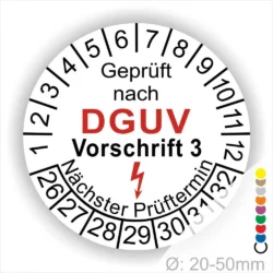 Prüfziffernblatt nach DGUV Vorschrift 3, zeigt den nächsten Prüftermin an. Ideal für die Sicherheitsüberprüfung von Geräten mit einem Durchmesser von 20-50 mm.