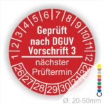Roter Prüfaufkleber gemäß DGUV Vorschrift 3 mit Angabe des nächsten Prüftermins, Durchmesser von 20-50 mm.