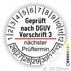 Prüfziffern- und Prüfterminanzeiger gemäß DGUV Vorschrift 3, mit Zahlen von 1 bis 12 und Farbcodes für die nächste Prüfung. Ø 20-50 mm.