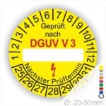Prüfplakette rund mit Text geprüft nach DGUV V 3 danach Beschriftungsfeld in Weiß und Elektropfeil in rot und Text Nächster Prüftermin. Plaketten Farbe- Gelb und Text in schwarz ausser DGUV V3 in Rot. Monatszahlen oben und Jahreszahlen unten beginnend mit Startjahr- 25. Durchmesser 20-50mm frei wählbar.