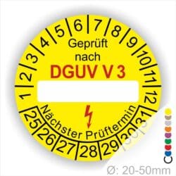 Prüfplakette rund mit Text geprüft nach DGUV V 3 danach Beschriftungsfeld in Weiß und Elektropfeil in rot und Text Nächster Prüftermin. Plaketten Farbe- Gelb und Text in schwarz ausser DGUV V3 in Rot. Monatszahlen oben und Jahreszahlen unten beginnend mit Startjahr- 25. Durchmesser 20-50mm frei wählbar.