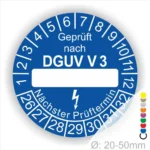 Prüfplakette DGUV V3 in Blau mit Platz für das Prüfdatum und der Angabe des nächsten Prüftermins, Ø 20-50mm. Ideal für die Kennzeichnung von elektrischen Geräten und Sicherheitseinrichtungen.