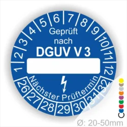 Prüfplakette DGUV V3 in Blau mit Platz für das Prüfdatum und der Angabe des nächsten Prüftermins, Ø 20-50mm. Ideal für die Kennzeichnung von elektrischen Geräten und Sicherheitseinrichtungen.