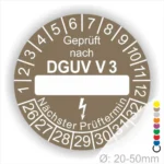 Prüfplakette nach DGUV V3 für Elektrogeräte mit Platz für das Prüfdatum, Durchmesser von 20-50 mm, zur Einhaltung von Sicherheitsstandards und regelmäßigen Überprüfungen.