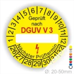 DGUV V3 Prüfplakette gelb mit Beschriftungsfeld, geprüft nach DGUV V3, Startjahr 2026, Monats- und Jahresring zur Markierung des nächsten Prüftermins