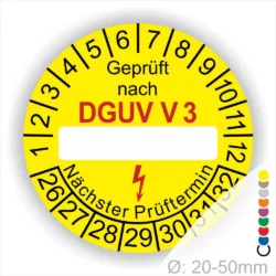 DGUV V3 Prüfplakette gelb mit Beschriftungsfeld, geprüft nach DGUV V3, Startjahr 2026, Monats- und Jahresring zur Markierung des nächsten Prüftermins