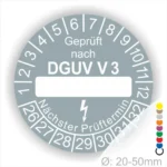 Prüfsiegel nach DGUV V3 für elektrische Geräte, mit Platz für das nächste Prüfdatum, Durchmesser 20-50 mm.