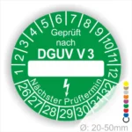 Grüne Prüfplakette nach DGUV V3, Durchmesser 20-50 mm, mit Platz für das Prüfdatum und dem nächsten Prüftermin sowie Sicherheitszeichen.
