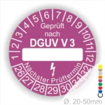 Prüfsiegel nach DGUV V3 in lila für Geräte mit einem Durchmesser von 20-50 mm. Zeigt den nächsten Prüftermin an und dient der Sicherheit von elektrischen Geräten.