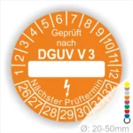 Prüfsiegel nach DGUV V3 in Orange mit Platz für das nächste Prüfdatum, geeignet für Geräte mit einem Durchmesser von 20-50 mm.