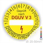 Prüfplakette -Dguv V 3- Text mit Leer Feld zum Beschriften. Prüfaufkleber in Farbe- Gelb mit Elektropfeil in Rot danach folgt der Schriftzug Außen am Prüfaufkleber- Rand sind Monatszahlen und Jahreszahlen Startjahr- 25