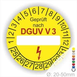 Prüfplakette -Dguv V 3- Text mit Leer Feld zum Beschriften. Prüfaufkleber in Farbe- Gelb mit Elektropfeil in Rot danach folgt der Schriftzug Außen am Prüfaufkleber- Rand sind Monatszahlen und Jahreszahlen Startjahr- 25