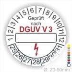 Prüfplakette -Dguv V 3- Text mit Leer Feld zum Beschriften. Prüfaufkleber in Farbe- Weiss mit Elektropfeil in Rot danach folgt der Schriftzug Außen am Prüfaufkleber- Rand sind Monatszahlen und Jahreszahlen Startjahr- 25