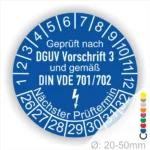 Prüfsiegel für elektrische Geräte, geprüft nach DGUV Vorschrift 3 und DIN VDE 701/702, mit Angabe des nächsten Prüftermins und Durchmesser von 20-50 mm.