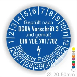 Prüfsiegel für elektrische Geräte, geprüft nach DGUV Vorschrift 3 und DIN VDE 701/702, mit Angabe des nächsten Prüftermins und Durchmesser von 20-50 mm.