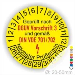Prüfplakette rund mit Text geprüft nach DGUV Vorschrift 3 und gemäß DIN VDE 701/702 danach Elektropfeil in Rot und Text Nächster Prüftermin. Plaketten Farbe- Gelb und Text in Schwarz außen DGUV und VDE in Rot. Monatszahlen oben und Jahreszahlen unten beginnend mit Startjahr- 2026. Durchmesser 20-50mm frei wählbar.