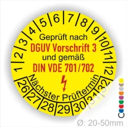 Prüfplakette rund mit Text geprüft nach DGUV Vorschrift 3 und gemäß DIN VDE 701/702 danach Elektropfeil in Rot und Text Nächster Prüftermin. Plaketten Farbe- Gelb und Text in Schwarz außen DGUV und VDE in Rot. Monatszahlen oben und Jahreszahlen unten beginnend mit Startjahr- 2026. Durchmesser 20-50mm frei wählbar.