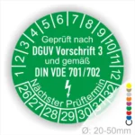 Prüfzertifikat für elektrische Geräte, gemäß DGUV Vorschrift 3 und DIN VDE 701/702, mit Informationen zum nächsten Prüftermin und einem Durchmesser von 20-50 mm.
